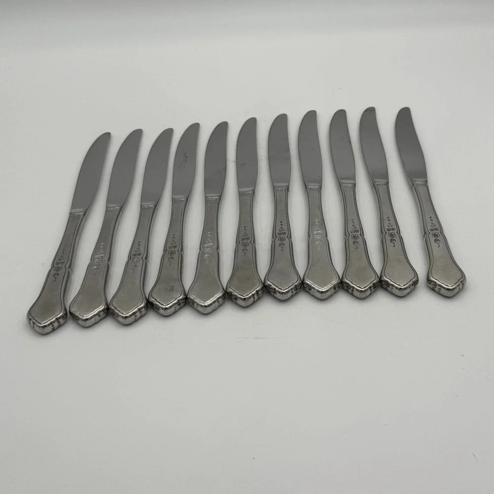 Vintage Stainless Steel Floral Dinner Knives Set of 11 Silverware Flatware 9in